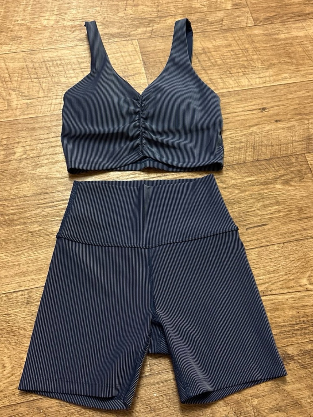 aerie Navy Ribbed Ruched Bralette & High-Waist Bike Shorts Set S/M